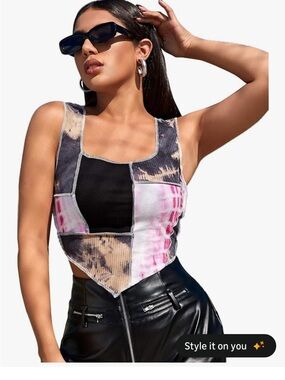 Patchwork Tie-Dye Crop Tank Top - Black & Pink